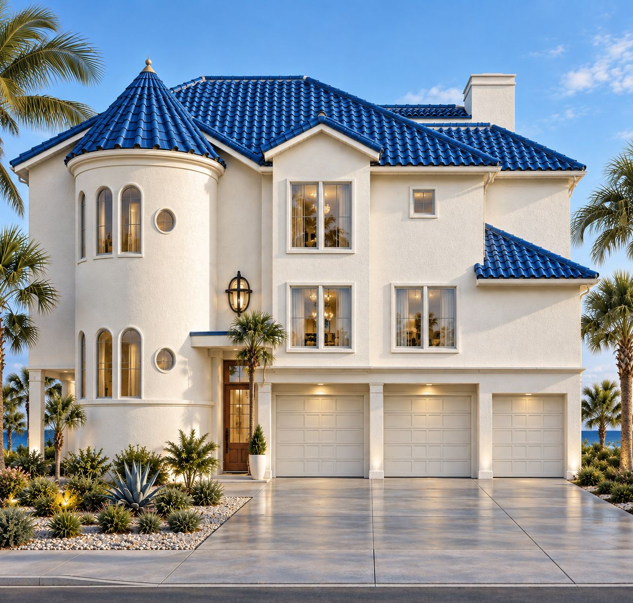 AI rendering of a white Mediterranean-style home with a turret and blue tile roof