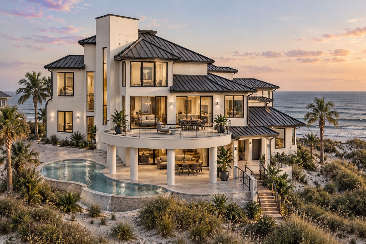 AI rendering of a modern coastal home with a curved terrace and pool facing the Gulf