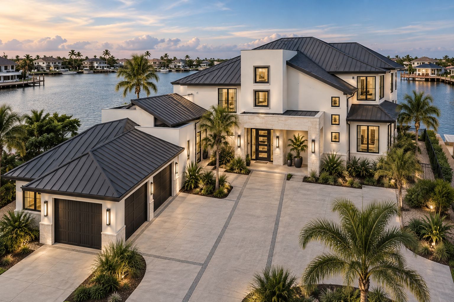 AI rendering of a modern white canal-front home with dark metal roofs