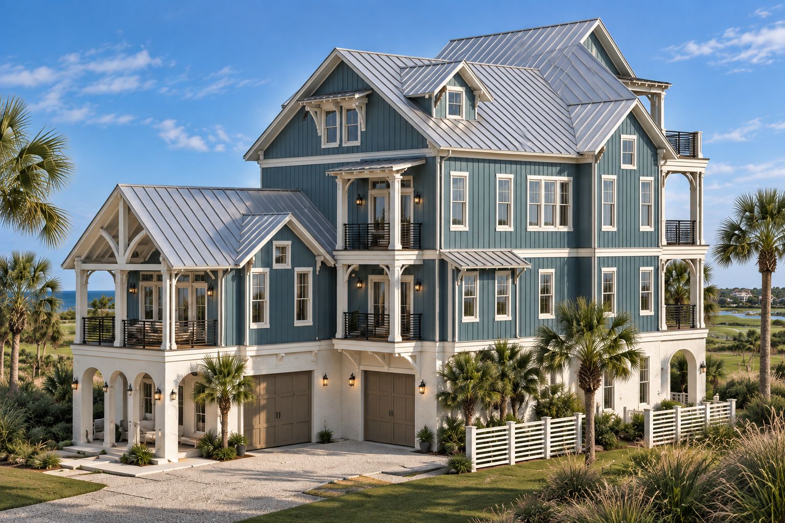 AI rendering of a blue coastal home with stacked porches and a metal roof